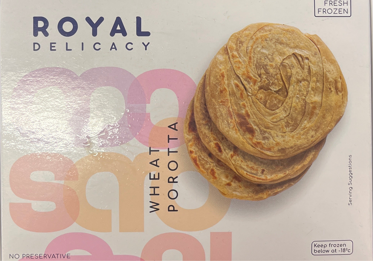 Packaged wheat porotta with 'Royal Delicacy' branding on a light background